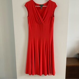 Red Dress Midi Length Ralph Lauren Size 8 A Line Short Sleeve V Neck